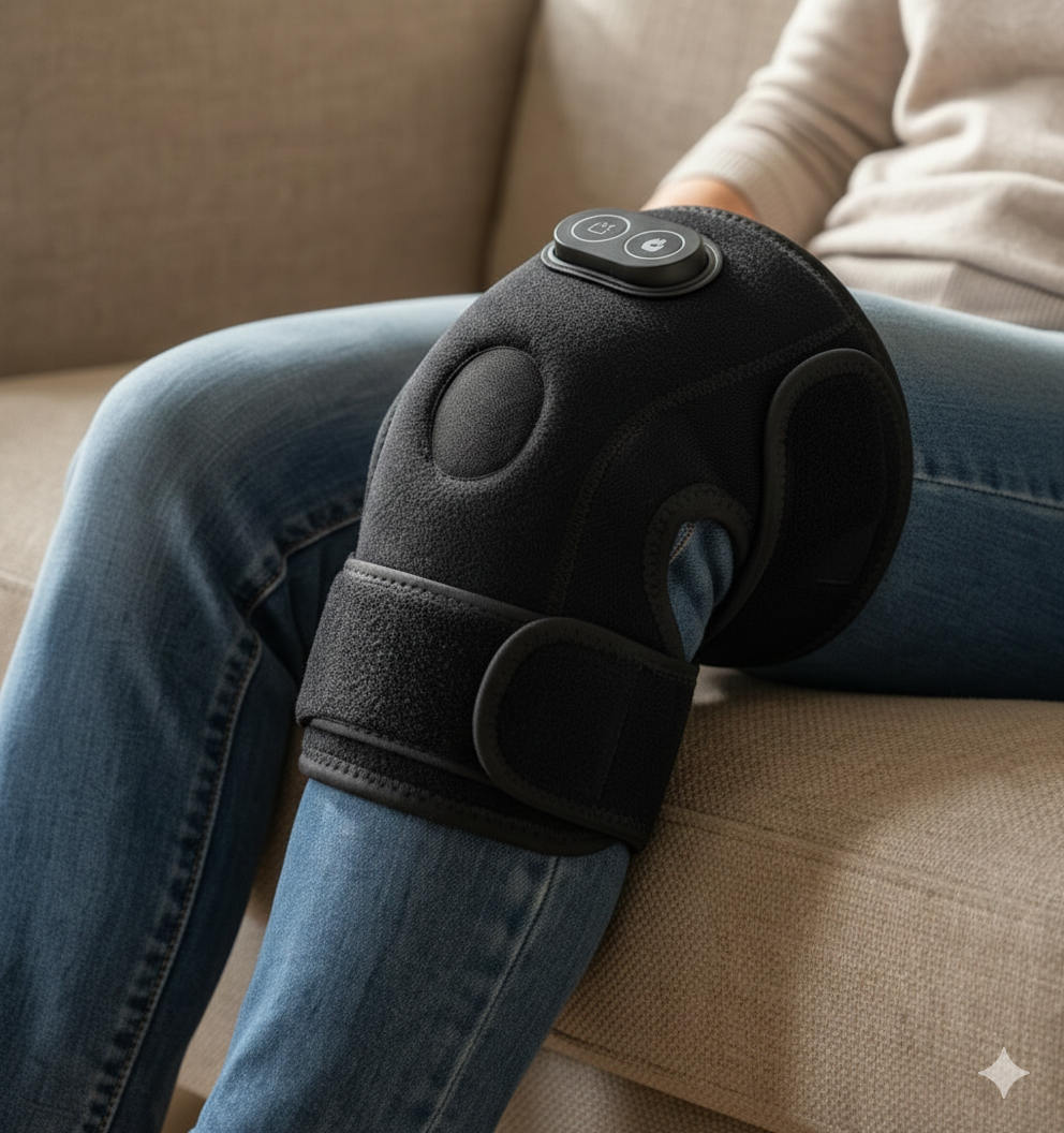 Homme utilisant le masseur Karavio sur son genou pour soulager les douleurs articulaires